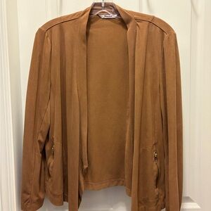 TanJay Open-Front Tan Brown Jacket with Zip Pockets
